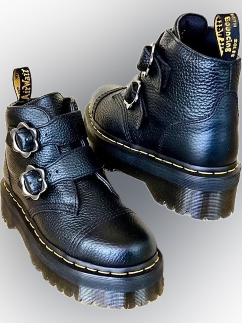 Dr. Martens Devon Flower Buckle Black Leather Platform Ankle Bounce Boots